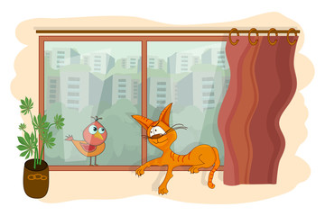 Cat on the windowsill. Cat sitting on windowsill inside and looks out the window at a bird. Corona virus campaign - Stay home. Social distancing. Self isolation from society. Stock vector illustration