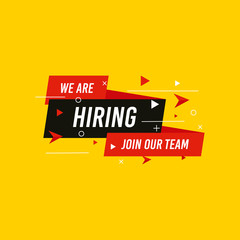 We are Hiring, Join now design for banner poster. Lettering with geometric shapes lines. Job Vacancy Advertisement Concept on yellow background. Open vacancy design template with modern concept.