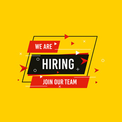 We are Hiring, Join now design for banner poster. Lettering with geometric shapes lines. Job Vacancy Advertisement Concept on yellow background. Open vacancy design template with modern concept.