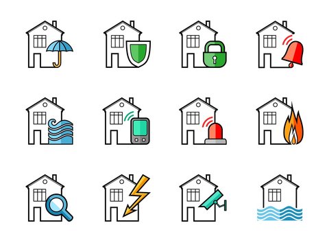 Alarm, icons, set, line drawing, color. Home and property insurance. Smart house. Security. Vector images.  