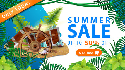 Only today, summer sale, up to 50% off, blue and white discount web banner for your business with treasures chest, tropical jungle frame and large offer with button