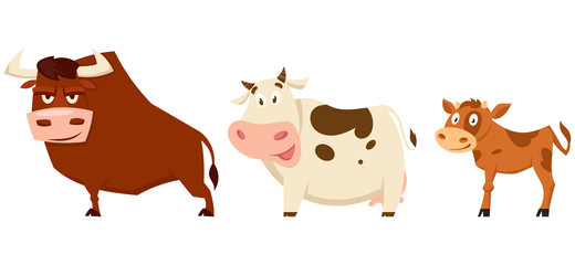 Cow family in cartoon style. Farm animals of different sex and age.