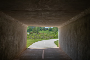 View from inside a bike path tunnel of green pastures and trees beyond, horizontal aspect