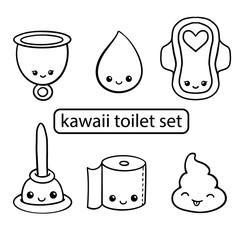 Image cartoon emoji poop, .plunger, period cup, toilet paper, sanitary pad and drop clip art. Doodle line art for coloring, Kawaii toilet set. Vector Illustration.