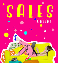 Jeune femme allonge sur canapé, regarde dans son ordinateur portable et parle par téléphone, dessin numérique sur la photo, message 