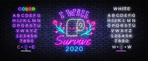 I will survive Neon Signs. Covid 19 neon concept with toilet paper. I survived the great toilet paper crisis of 2020. Modern trend design. Vector Illustration. Editing text neon sign