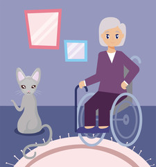 elderly woman in the living room with a cat