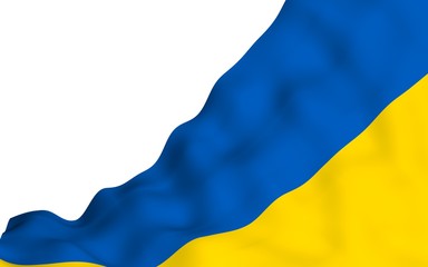 The flag of Ukraine on a white background. National flag and state ensign. Blue and yellow bicolour. 3D illustration waving flag