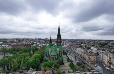 Fototapeta premium Aerial veiw on Elizabeth church in Lviv, Ukraine from drone. 