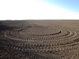 Fototapeta na wymiar Plowed field for potato in brown soil on open countryside nature