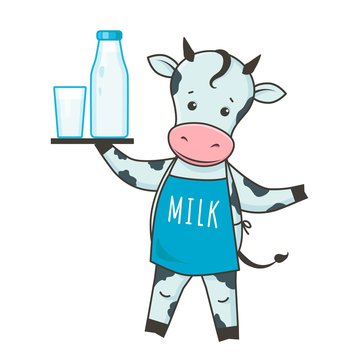 recommend clip art: Cute dairy cow cartoon character in kawaii style holding milk bottle and glass of milk, wearing apron. Vector for logo, mascot, dairy products design, children illustration stickers.