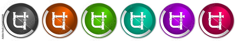 Poster Pipeline icon set, tube, pipe and industrial silver metallic chrome border vector web buttons in 6 colors options for webdesign