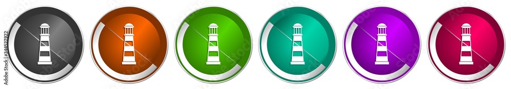 Poster Lighthouse icon set, navigation, sea silver metallic chrome border vector web buttons in 6 colors options for webdesign