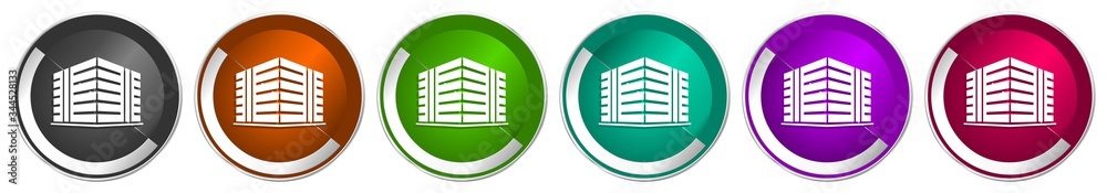 Fototapete Office building icon set, silver metallic chrome border vector web buttons in 6 colors options for webdesign