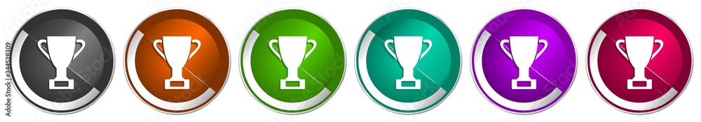 Fototapete cup icon set, silver metallic chrome border vector web buttons in 6 colors options for webdesign