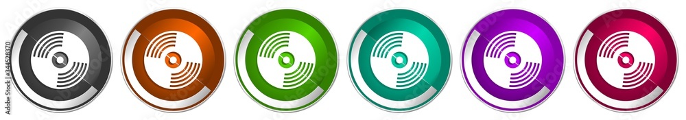 Poster vinyl music icon set, silver metallic chrome border vector web buttons in 6 colors options for webde