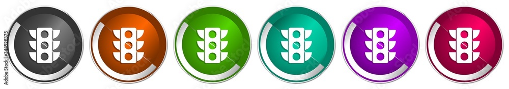 Fototapete traffic lights icon set, silver metallic chrome border vector web buttons in 6 colors options for we