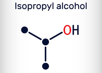 Isopropyl alcohol, 2-propanol, isopropanol, C3H8O molecule. It is isomer of propyl alcohol, used as antiseptic in disinfectants, detergents. Structural chemical formula