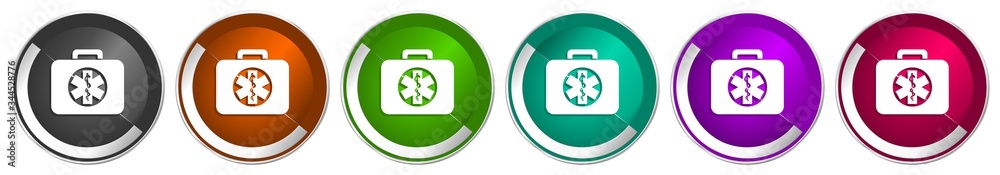Aufkleber Rescue kit icon set, silver metallic chrome border vector web buttons in 6 colors options for webdesign