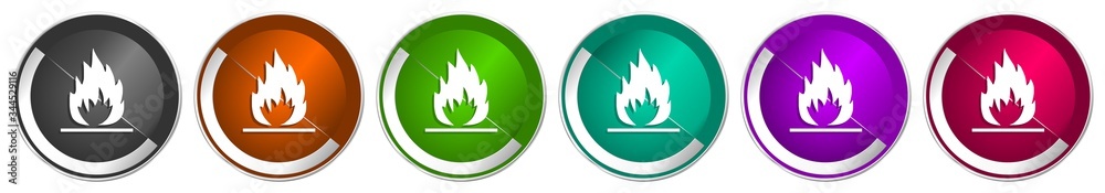 Leinwandbilder flame icon set, silver metallic chrome border vector web buttons in 6 colors options for webdesign
