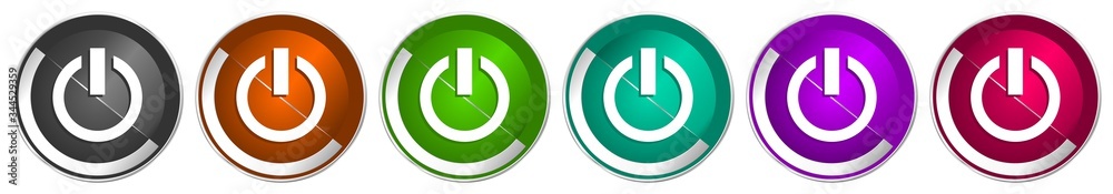 Fototapete Power icon set, silver metallic chrome border vector web buttons in 6 colors options for webdesign