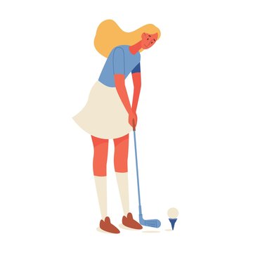 Young woman training golf course. Flat illustration with one female character with long hair in summer clothes
