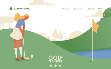 Vector concept sport scene with young blonde woman training on golf court. Flat character, landscape and green grass. Landing page or banner template