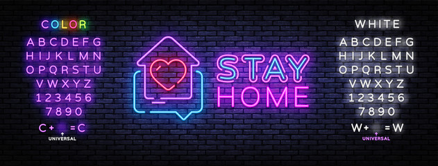 Stay Home Neon Sign. Quarantine coronavirus epidemic illustration for social media, stay home. Heart and home neon icon template. Vector illustration. Editing text neon sign