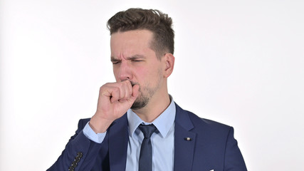 Sick Young Businessman Coughing, White Background