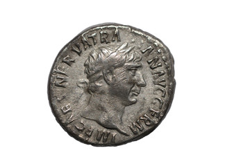 Silver Roman coin, obverse of denarius of the emperor Trajan Augustus AD98-117, Rome mint 