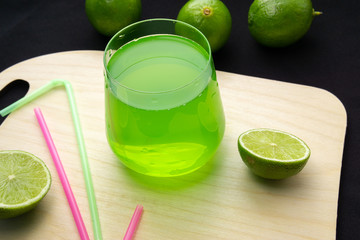 glass of lemonade and soda, a cold drink in summer. The concept of a healthy lifestyle and detoxification, selective focus