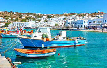 Fototapeta na wymiar Old port with fishing boats in Mykonos