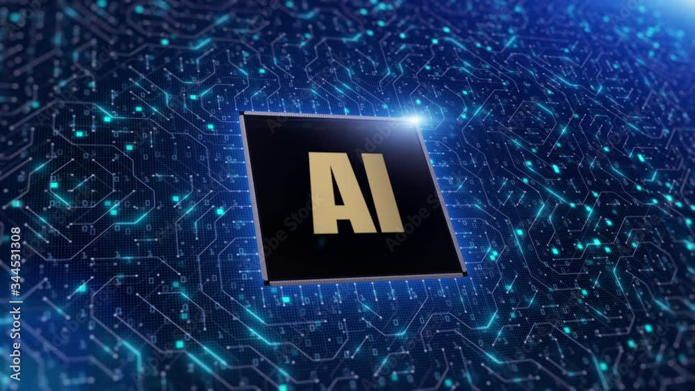 Poster digital 3d render of computer chip over circuit background with ai sign. ai(artificial intelligence)