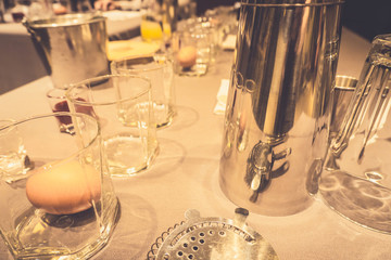 Background of cocktails mixing workshop preparation on counter bar. Professional bartender club preparing fresh delicious tasty cocktail alcohol liquor drink using beverage shaker on vintage concept