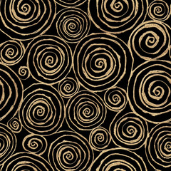 Abstract seamless pattern with 3d golden glittering acrylic paint round spiral circles on black background