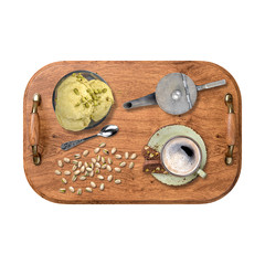 Fototapeta na wymiar Coffee cup and Pistachio ice cream on wooden tray on white background with CLIPPING PATH, 3d rendering