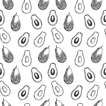 Seamless pattern avocado whole and cut, vector illustration, hand drawing