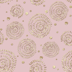 Abstract seamless pattern with 3d golden glittering acrylic spiral circles and polka dot on pink color background © Olga