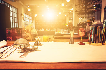 Background of cocktails mixing workshop preparation on counter bar. Professional bartender club preparing fresh delicious tasty cocktail alcohol liquor drink using beverage shaker on vintage concept
