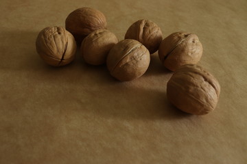 wallnuts in shells on the mono colour background