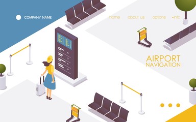 Airport navigation banner, young woman in hat with luggage watching at information stand in interior of departure hall. Vector isometric landing page template