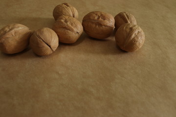wallnuts in shells on the mono colour background