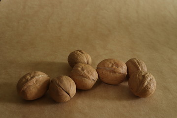 wallnuts in shells on the mono colour background