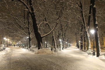 Night view of Planty park in winter, Cracow, Poland