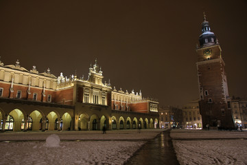 Fototapeta premium Main Square of Cracow by night, winter time, Poland