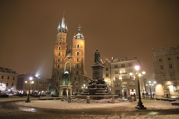Obraz premium Main Square of Cracow by night, winter time, Poland