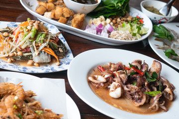 Background delicious tasty authentic real exotic Thai seafood meal set for lunch and dinner food. Healthy organic homemade fresh seafood true local menu natural ingredient from local fisherman market