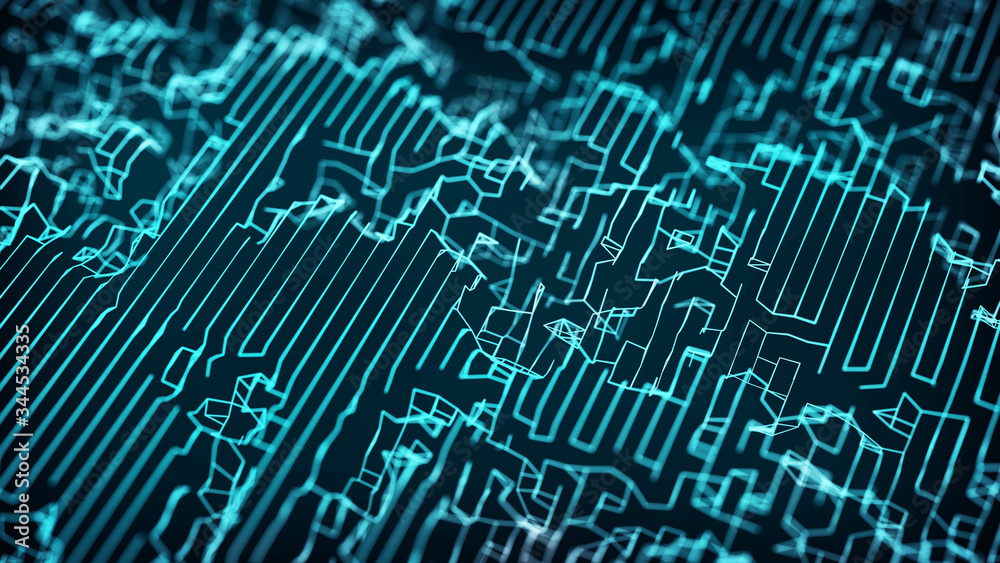 Poster network of lines and dots. big data visualization. technological 3d landscape. 3d rendering.