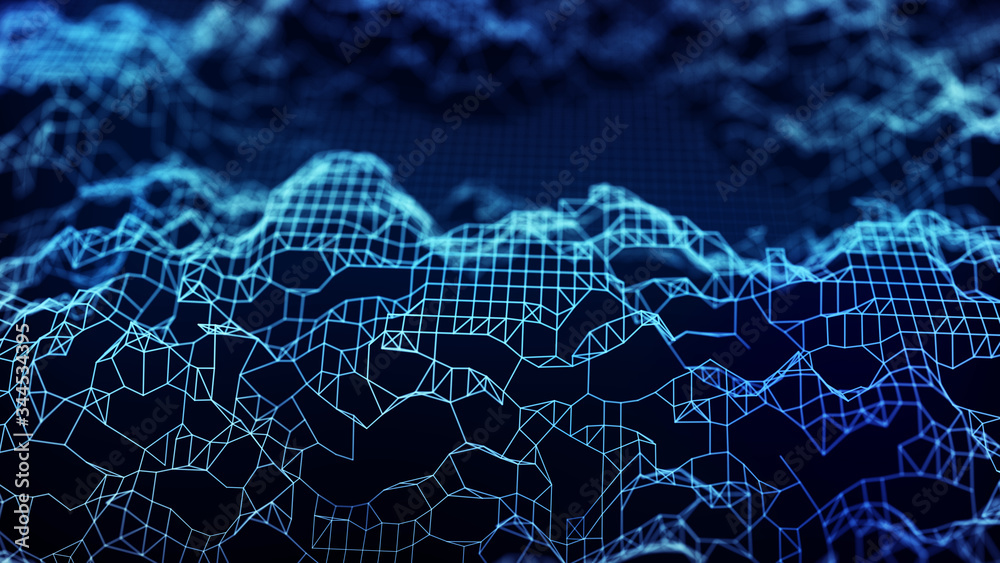Poster network of lines and dots. big data visualization. technological 3d landscape. 3d rendering.