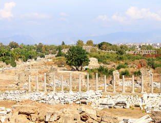 Antique ruins and sights of the Turkish resort town of Side